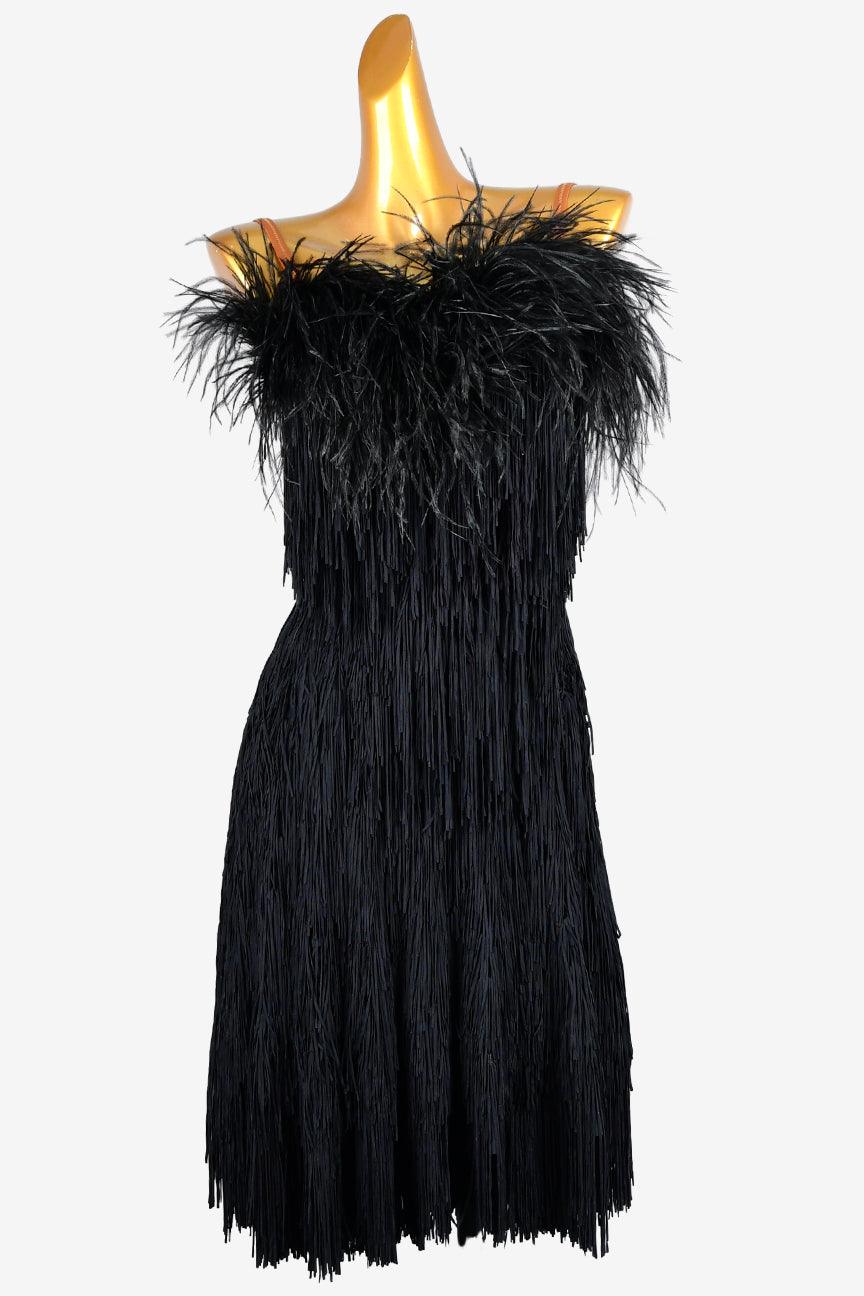 Permino black matt lycra backless Latin dress with fringes and feathers - PerminoDesign