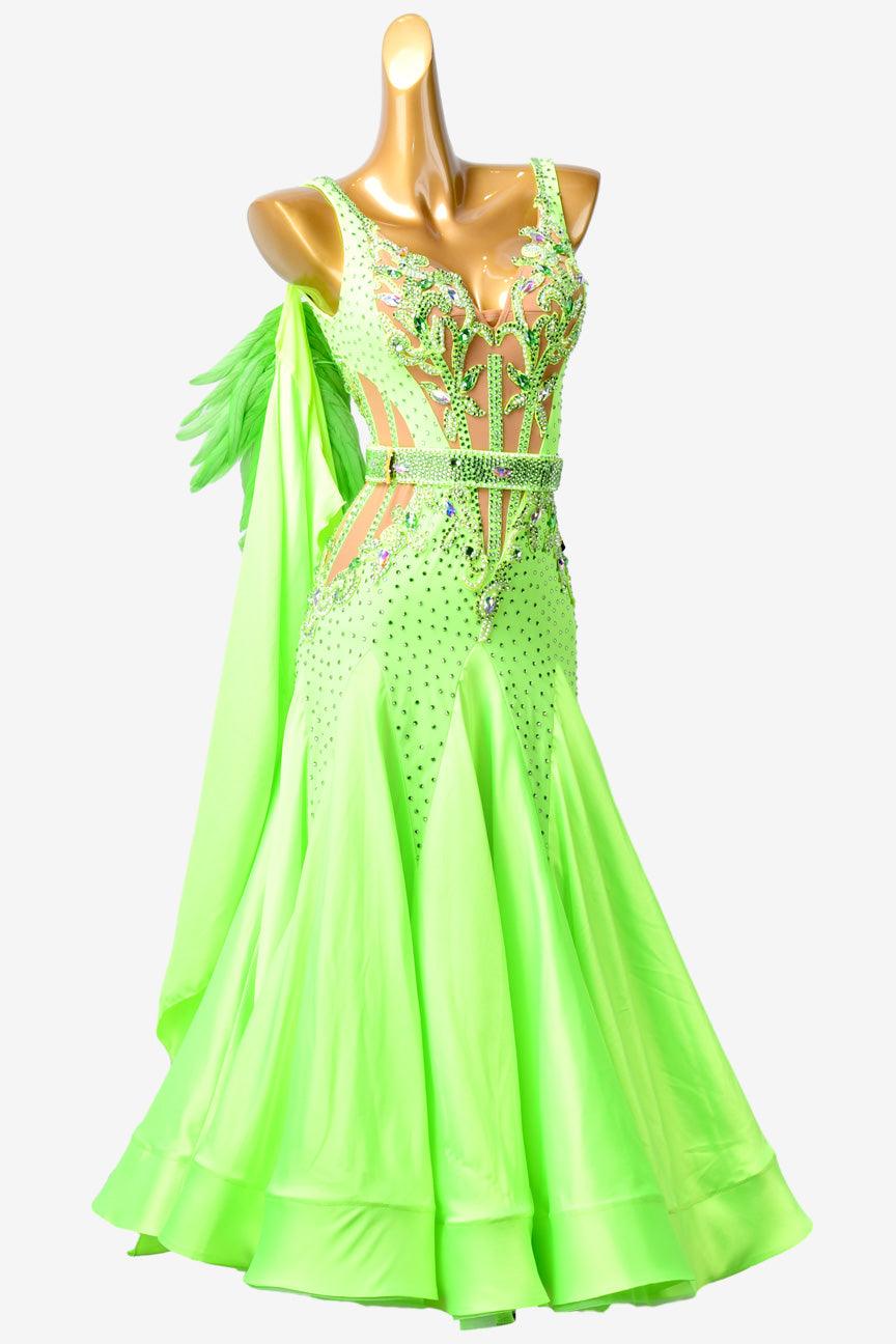 Permino lime green Standard dress with crystals, sew-on stones, lace appliqués & feathers