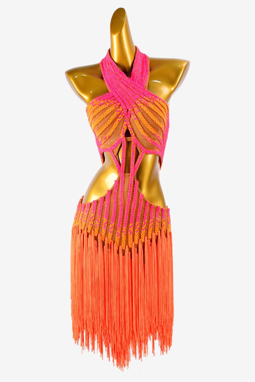 Permino fleshtone matt lycra Latin dress with fringes, fluorescent orange & sun orange rhinestone - PerminoDesign