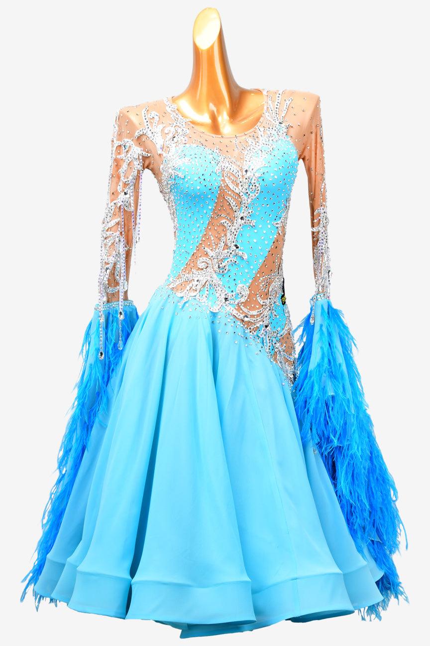 Permino sky blue Standard dress with rhinestone and feather - PerminoDesign