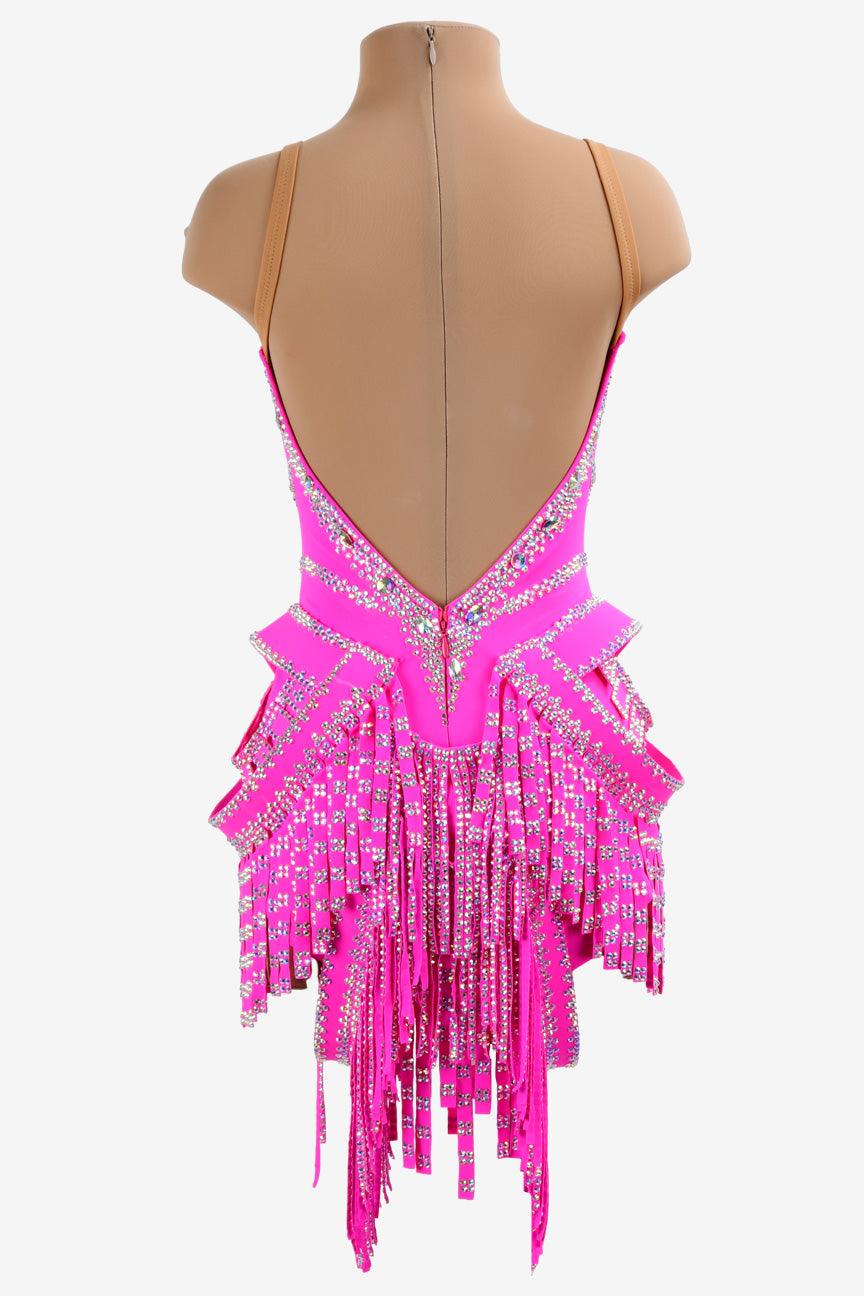 Permino light pink Latin dress with stone fringes and AB stone - PerminoDesign