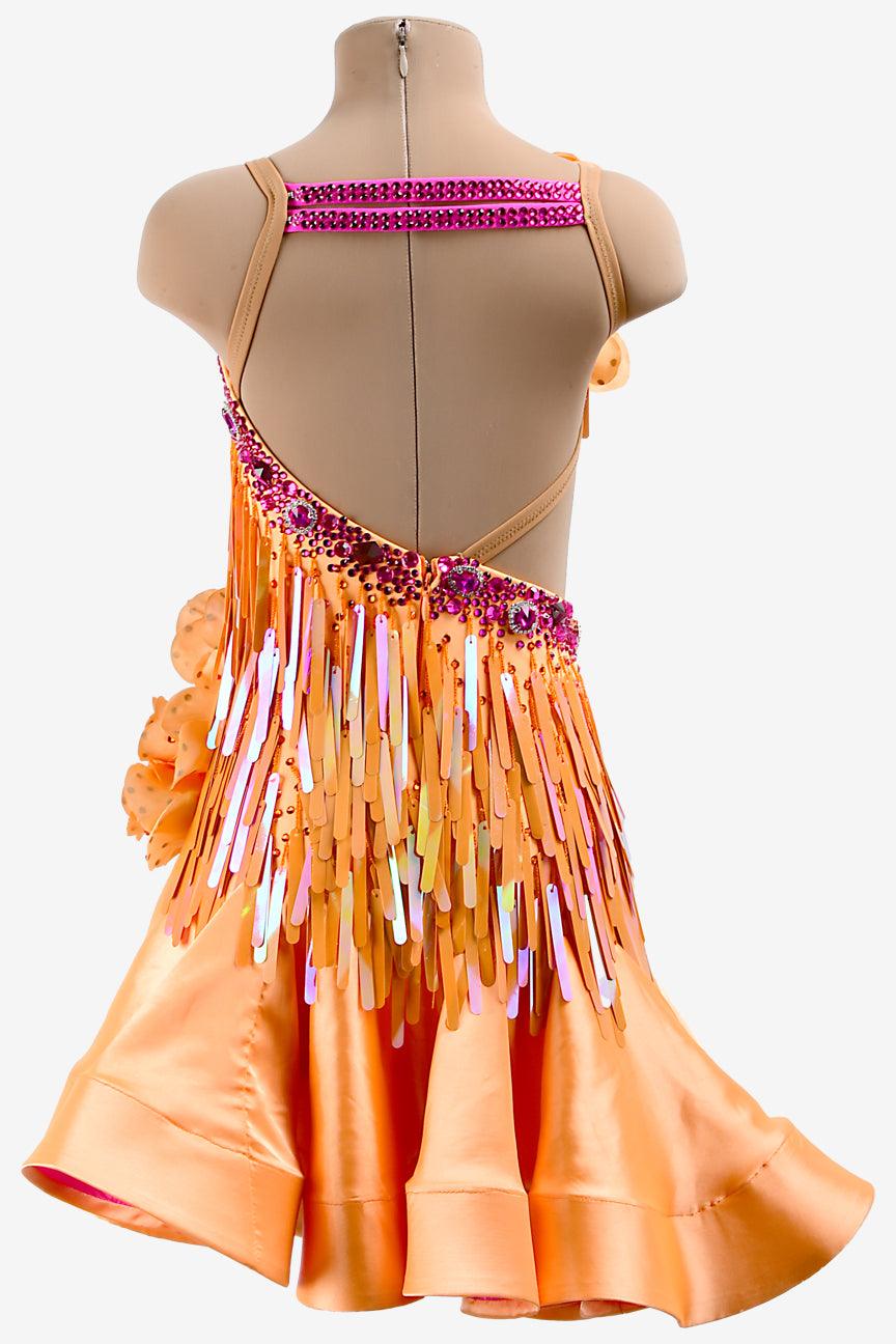 Permino light orange Latin dress with ruffle fishbone underskirt, sequins, flower appliques & crystals - PerminoDesign