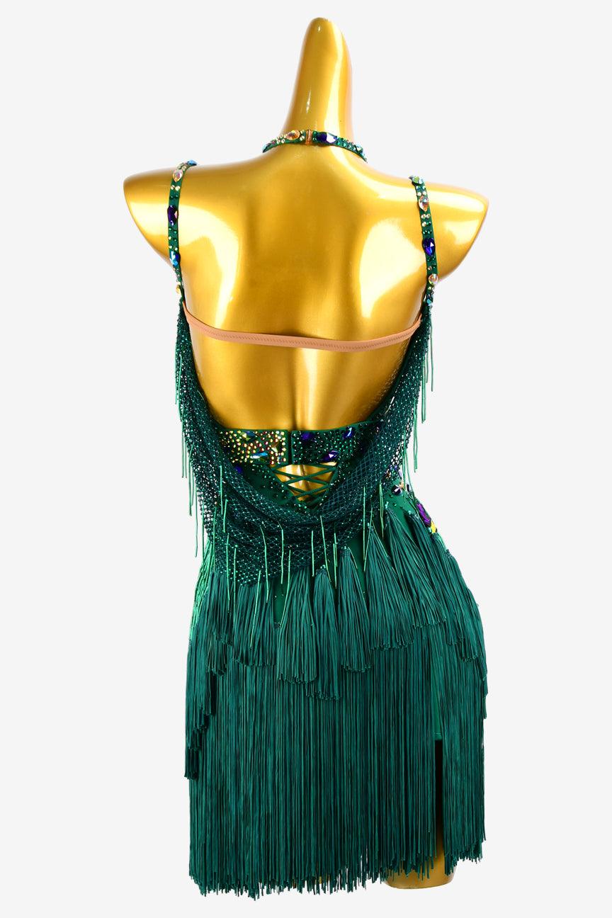 Permino turquoise green Latin dress with beaded fringe, crystal fishnet, tassels and AB stones - PerminoDesign