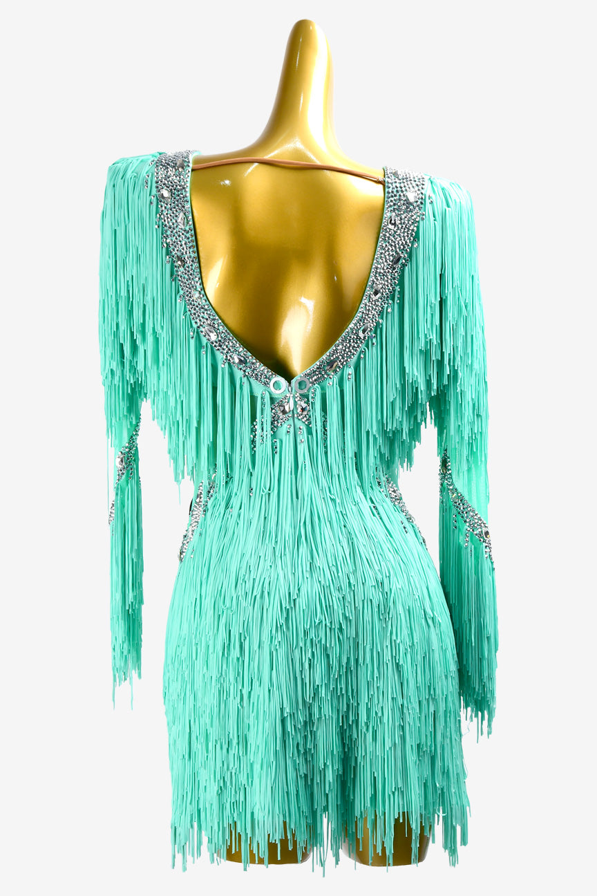 Permino turquoise Latin dress with AB stone and fringe - PerminoDesign