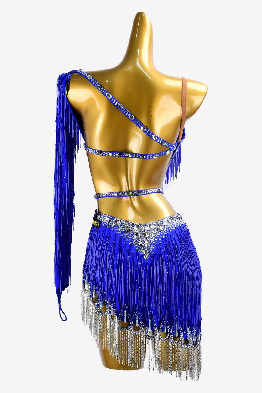 Permino international klein blue Latin dress with beaded fringe and AB stone - PerminoDesign