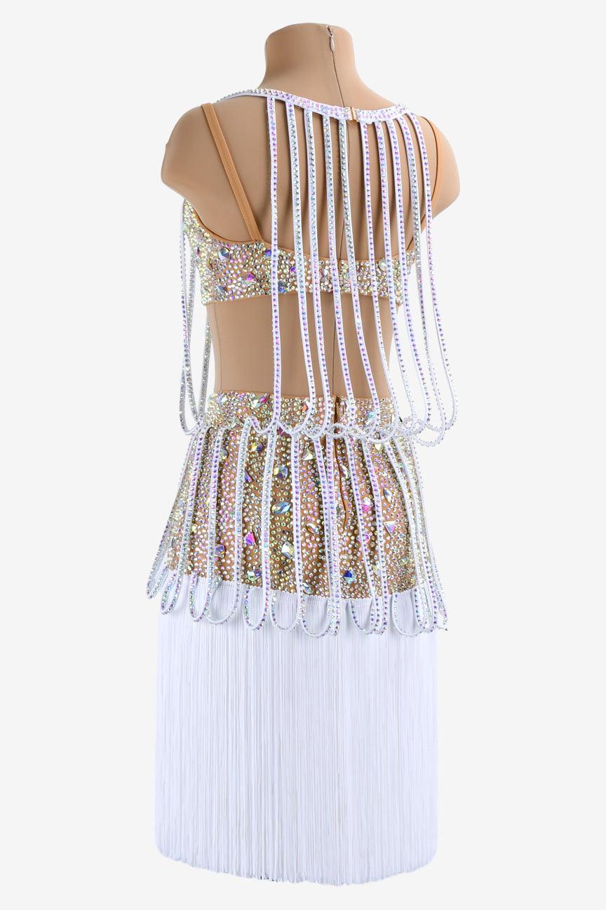 Permino white Latin dress with beaded fringe, stone fringes and AB stone - PerminoDesign