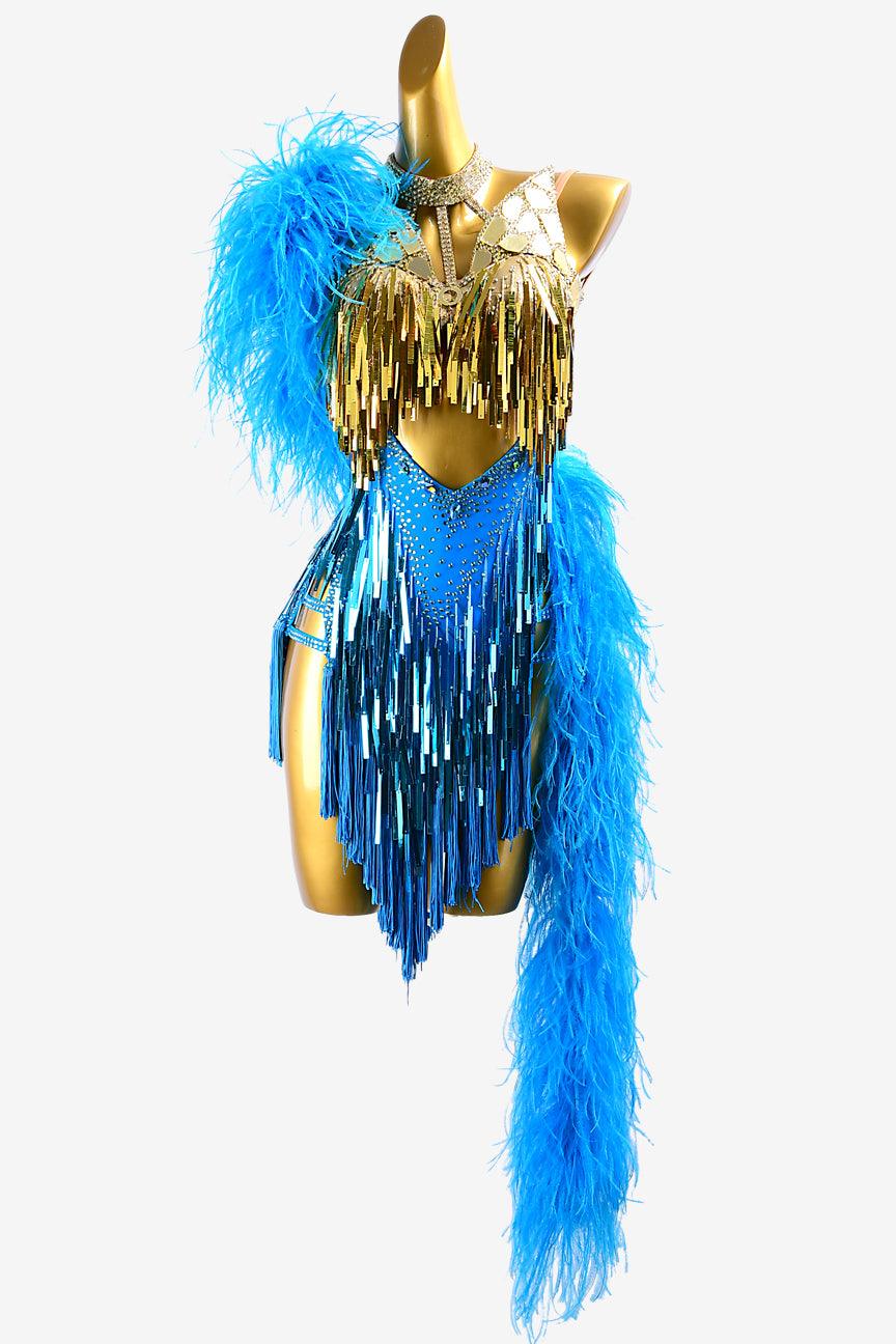 Permino dark sky blue Latin dress with sequins, gold stone mirrors, crystal AB, blue feathers & fringes - PerminoDesign