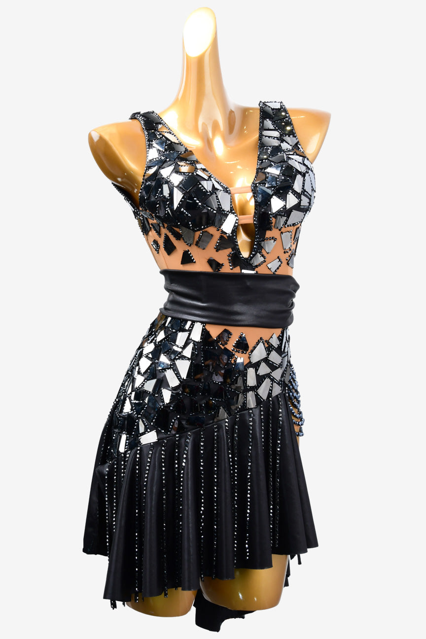 Permino black Latin dress with mirror stone, rhinestone and stone fringes - PerminoDesign