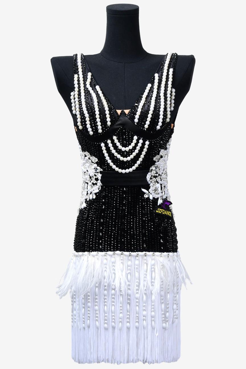 Permino black Latin dress with beading, feather, fringe and rhinestone - PerminoDesign