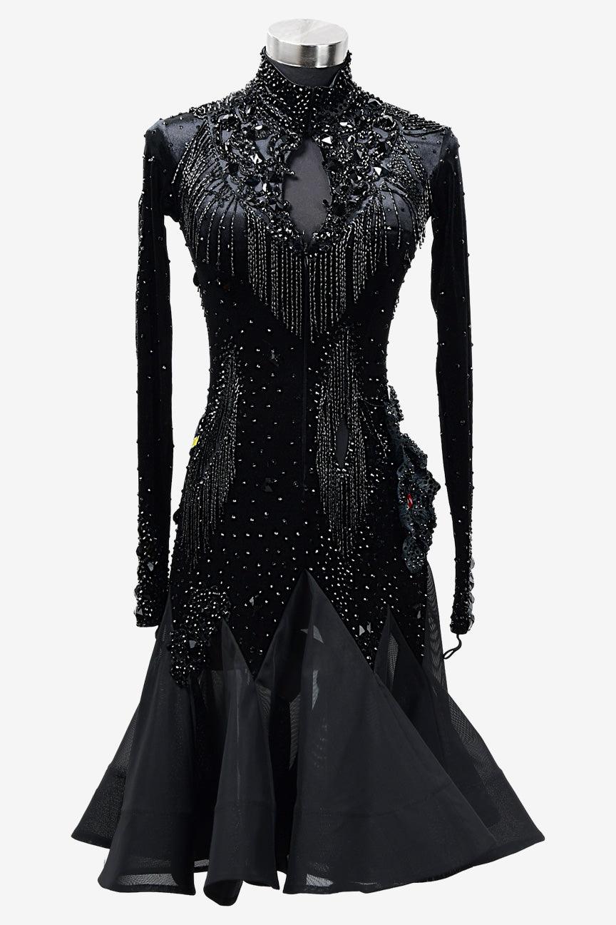 Permino black Latin dress with beaded fringe and rhinestone - PerminoDesign