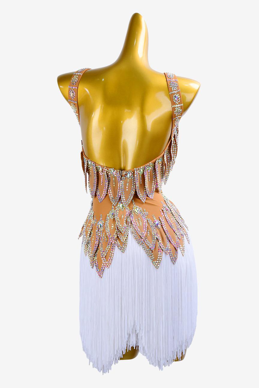 Permino peru matt lycra Latin dress with crystal AB and white fringes - PerminoDesign