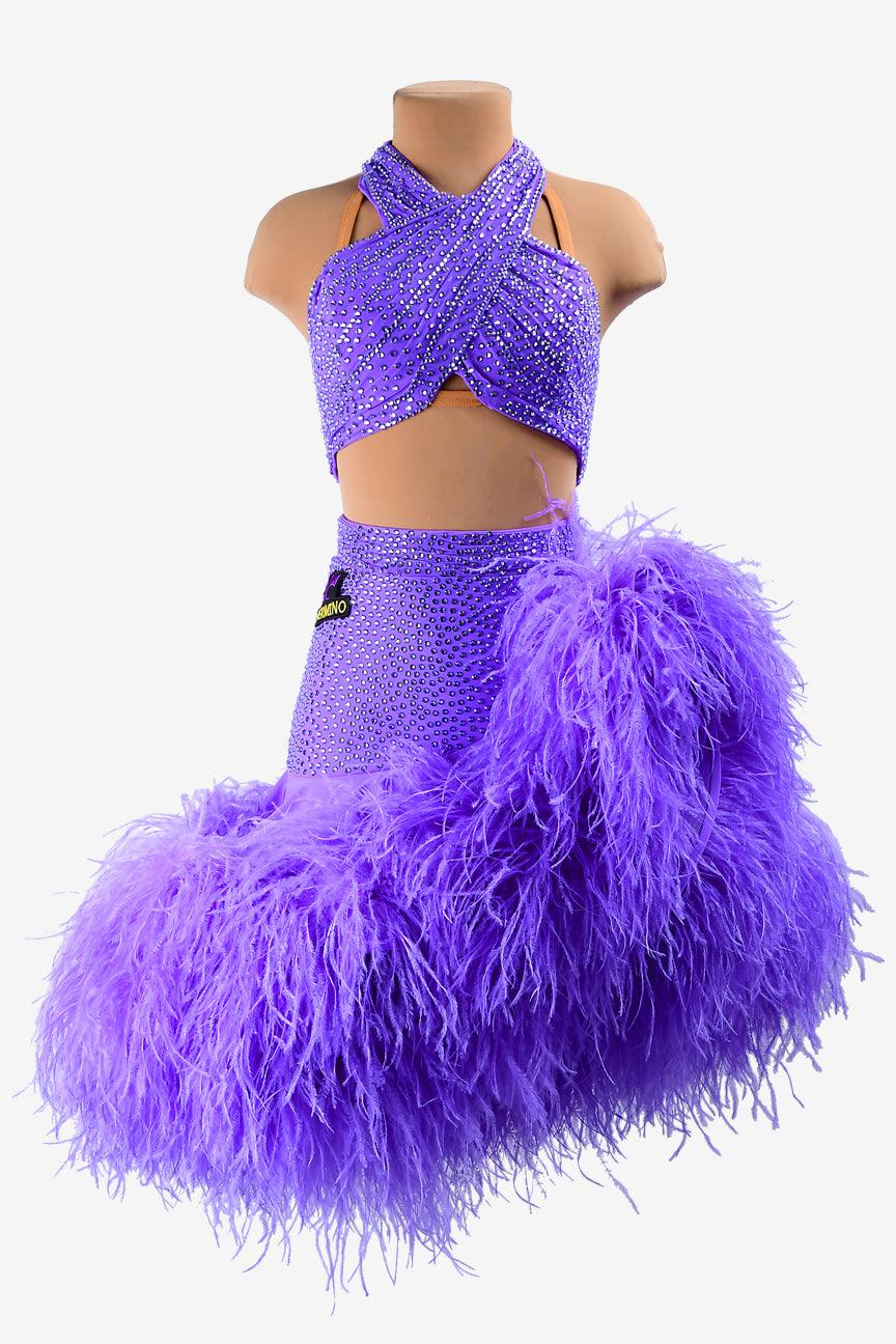 Permino medium purple matt lycra Latin dress with ruffle fishbone underskirt, feathers & rhinestones - PerminoDesign