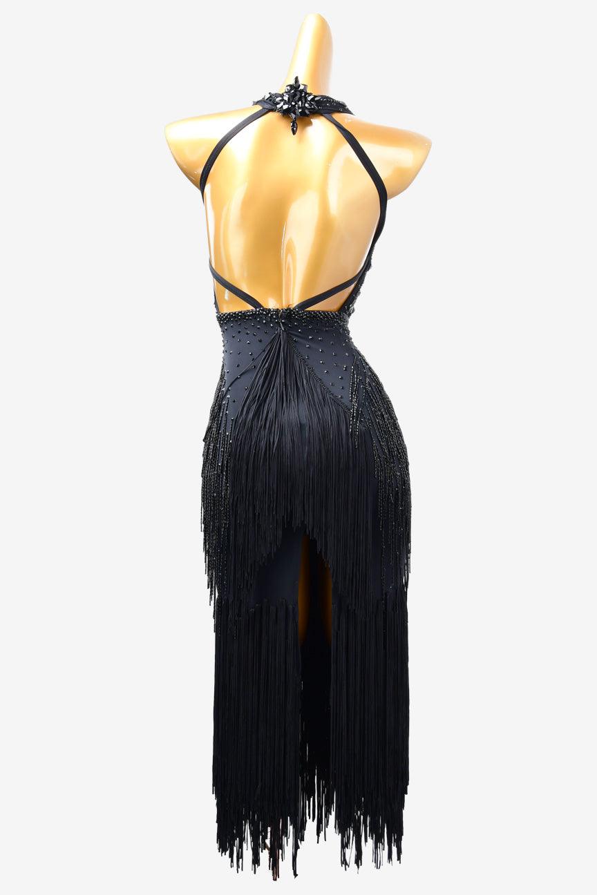 Permino black Latin dress with fringe, beaded fringe and rhinestone - PerminoDesign