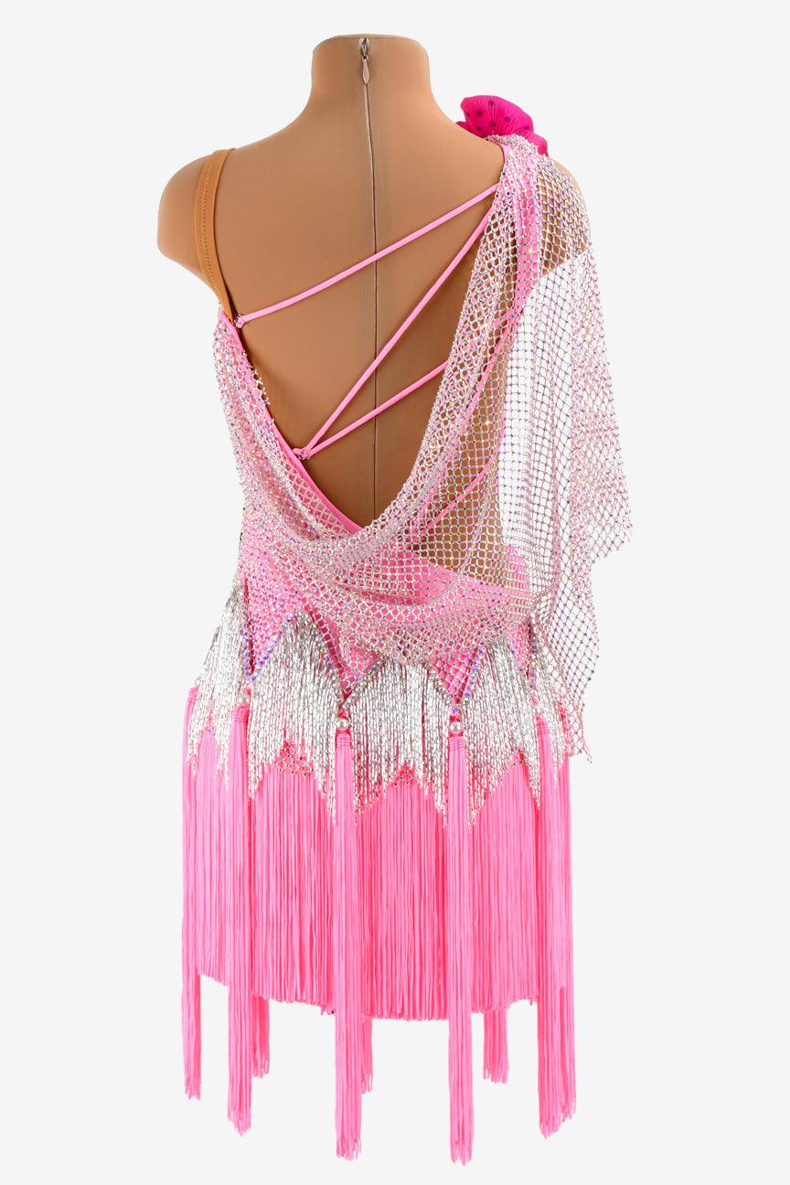 Permino pink crystal fishnet Latin dress with beaded fringes, flower appliques, fringes & AB stones - PerminoDesign