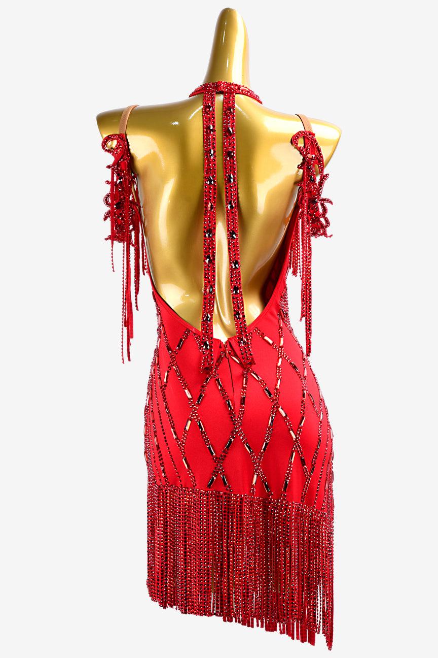 Permino crimson matt lycra Latin dress with stone fringes, lace appliqués, sew-on stones & crystals - PerminoDesign