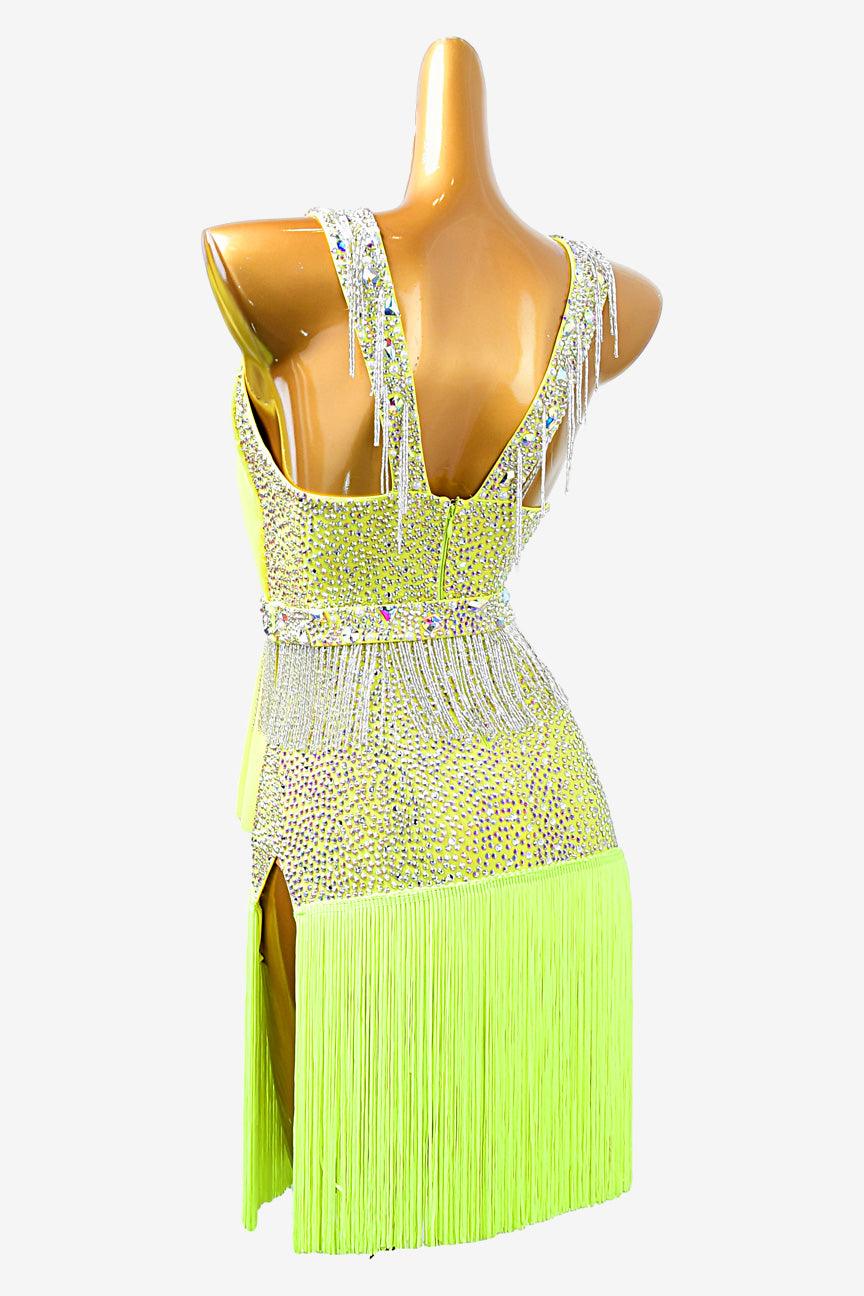 Permino lemon yellow Latin dress with fringe, beaded fringe and AB stone