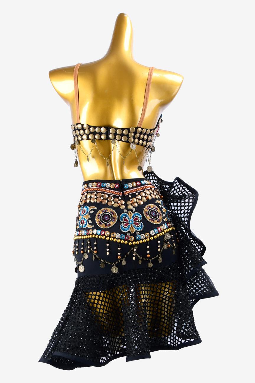 Permino black mysterious retro Latin dress with fishnet skirt, bronze metal decoration & embroidery pattern - PerminoDesign