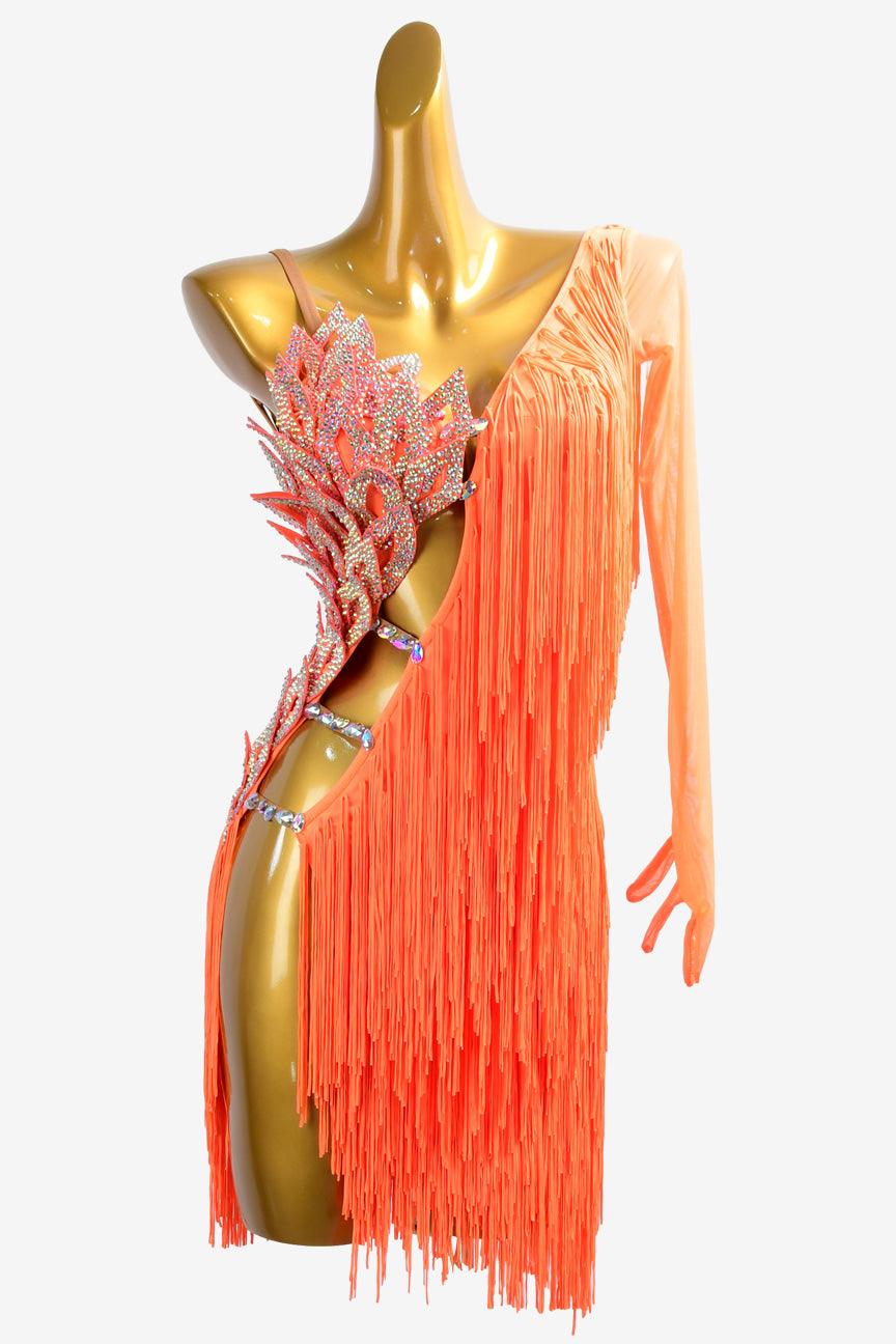 Permino orange Latin dress with fringe and crystal AB - PerminoDesign