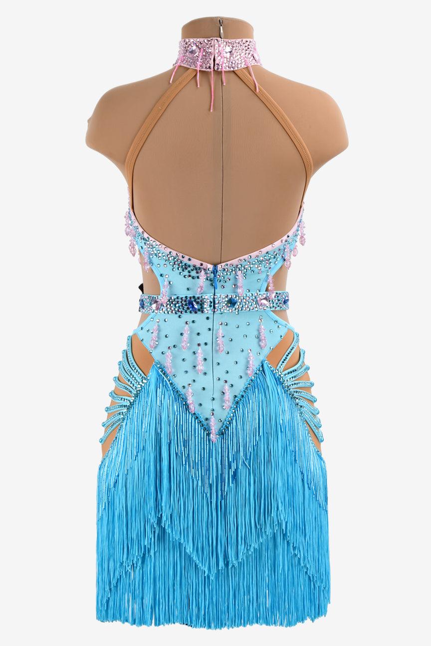 Permino sky blue Latin dress with light pink beaded fringe, fringe and rhinestone - PerminoDesign