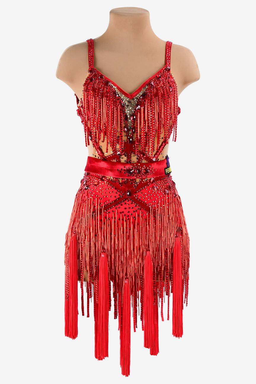 Permino vermillion Latin dress with beaded fringe, stone fringes, tassels and AB stone - PerminoDesign