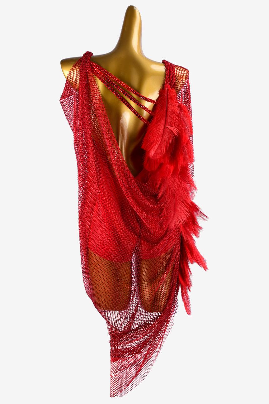 Permino china red Latin dress with fishnet, crystal AB and feather - PerminoDesign