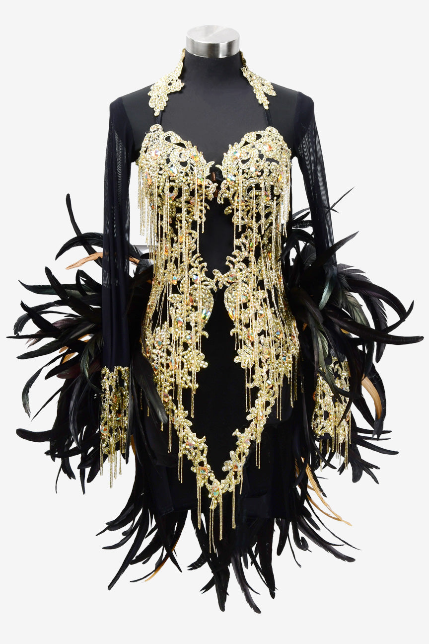 Permino black Latin dress with beaded fringe, feather and AB stone - PerminoDesign