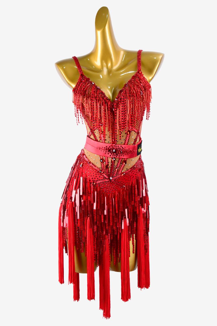 Permino crimson matt lycra Latin dress with stone fringes, sequins, beaded fringes, tassels and crystals - PerminoDesign