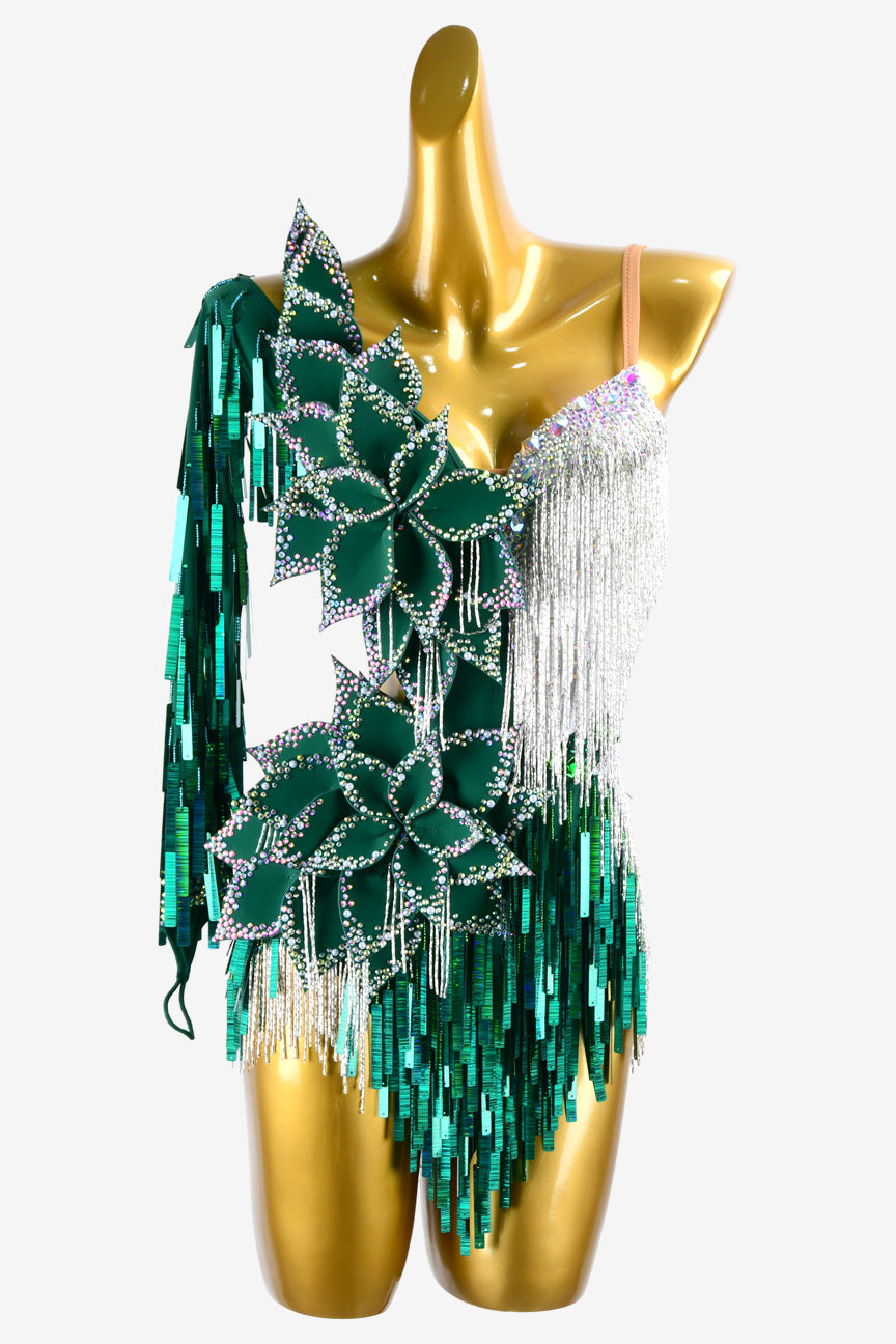 Permino turquoise green Latin dress with silver beaded fringes, sequins, flower appliques & AB stones - PerminoDesign