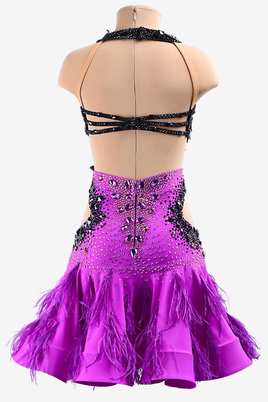 Permino brilliant violet & black Latin dress with beaded fringes, lace appliqués, feathers, rhinestones & sew-on stones - PerminoDesign