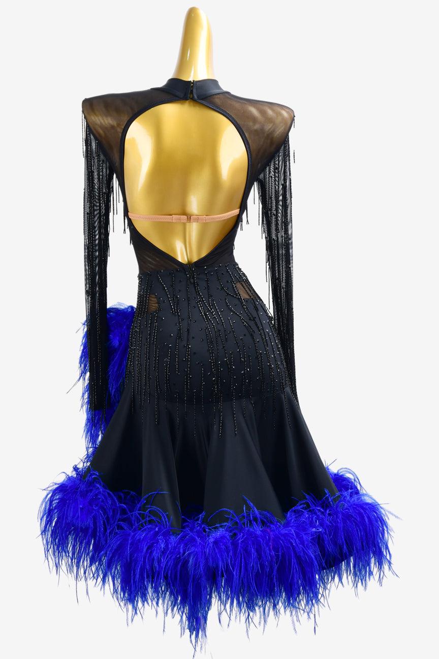 Permino black mesh Latin dress with royalblue feathers, black beaded fringes, rhinestone & sew-on stones - PerminoDesign