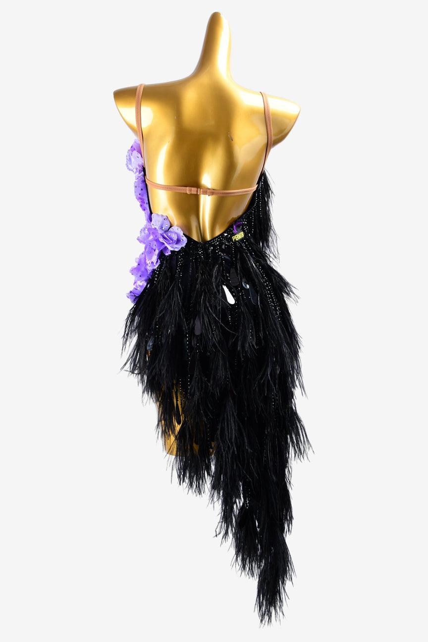 Permino black matt lycra Latin dress with feathers, sequins, rhinestones & medumpurple flower appliques - PerminoDesign