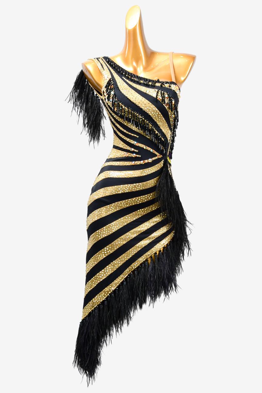 Permino black Latin dress with feather, crystal AB and beading