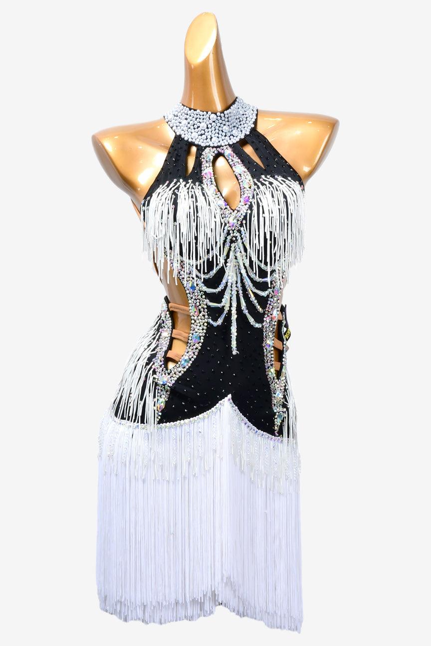 Permino black Latin dress with crystal AB, fringe, beading and beaded fringe - PerminoDesign