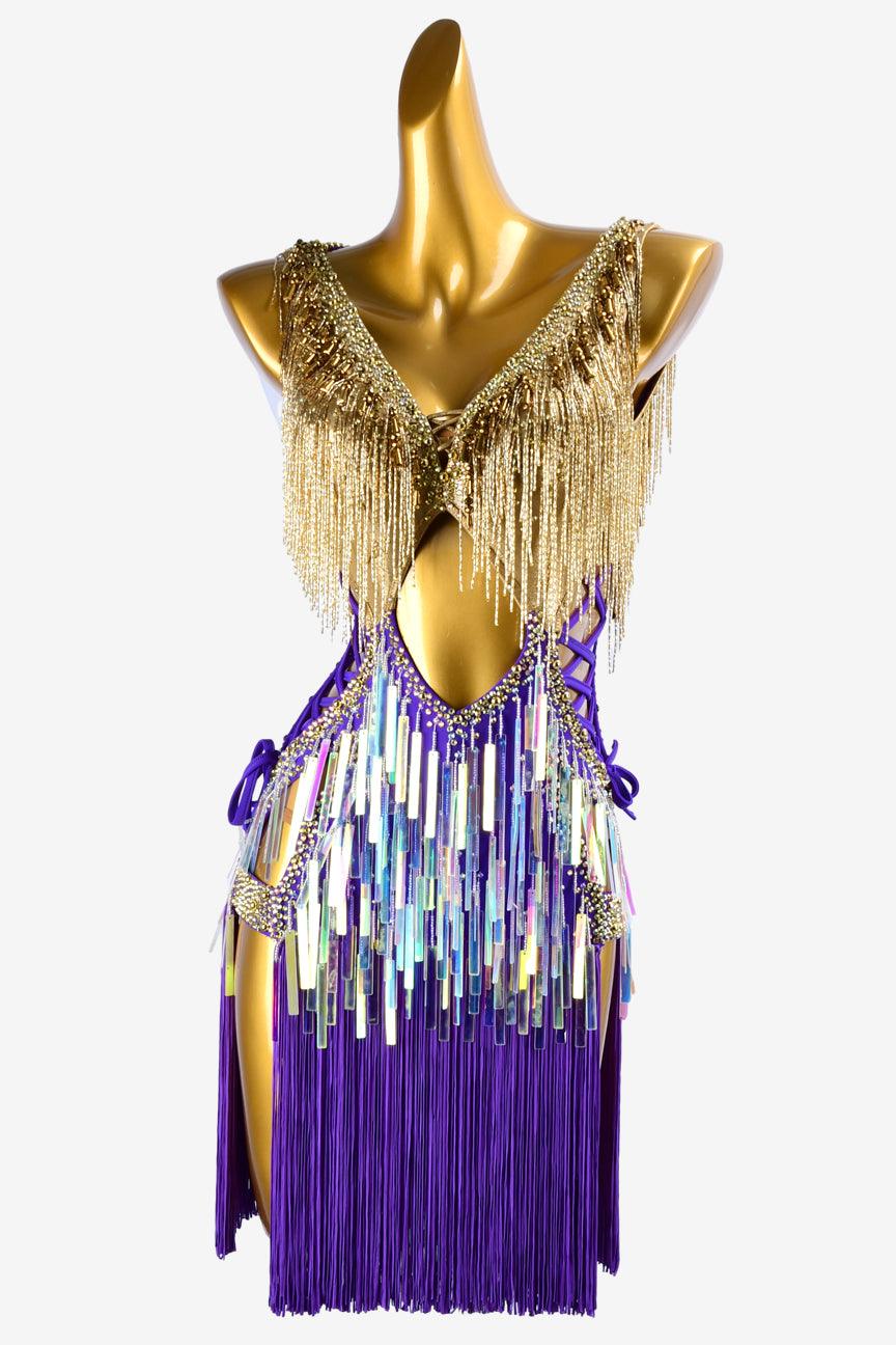 Permino violet Latin dress with gold dress top with beaded fringes, rhinestones, fringes & sequins - PerminoDesign