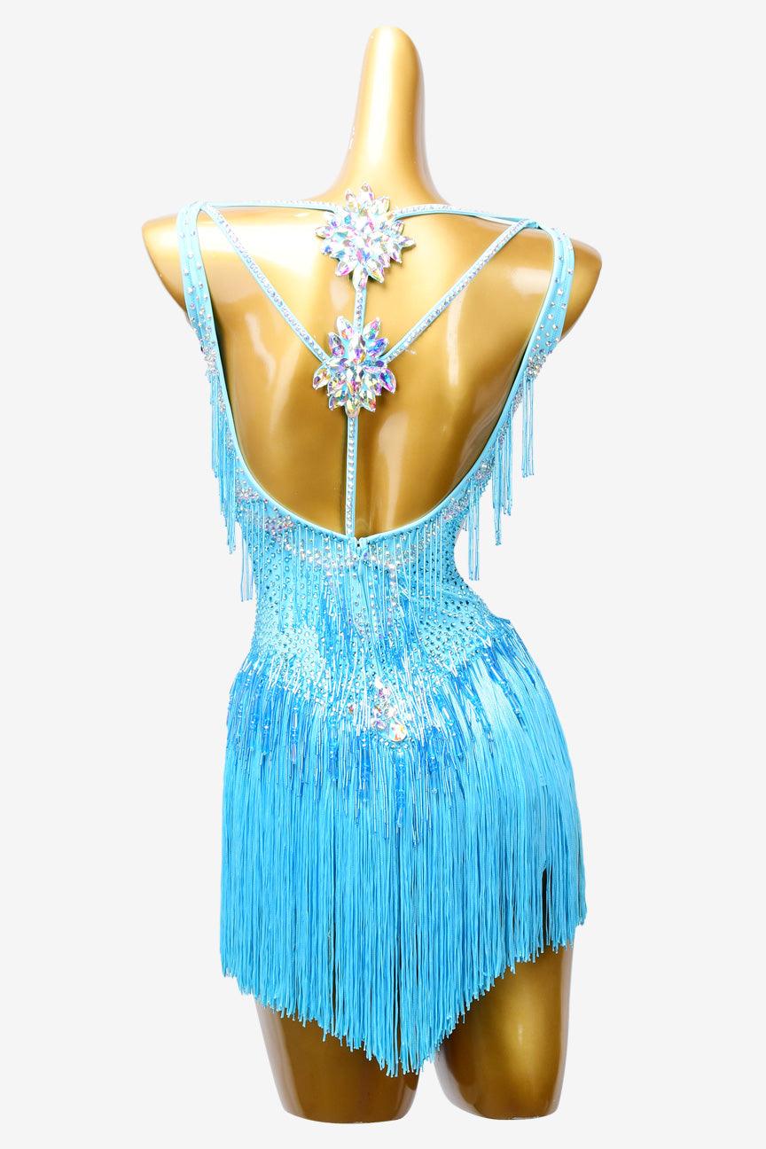 Permino sky blue matt lycra Latin dress with fringes, AB stones,beaded fringe & sew-on stones - PerminoDesign