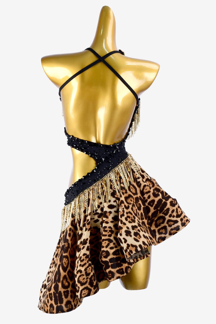 Permino leopard print Latin dress with gold beaded fringes, chains, black rhinestone & sew-on stones - PerminoDesign