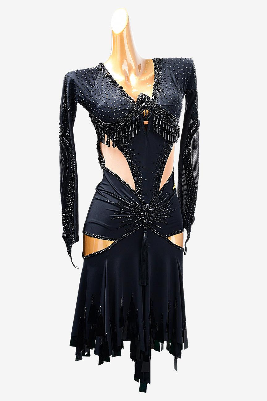 Permino black Latin dress with beading and rhinestone - PerminoDesign