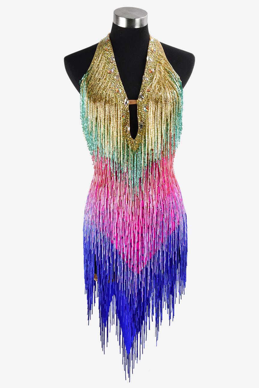 Permino colorful Latin dress with beaded fringe and crystal AB - PerminoDesign