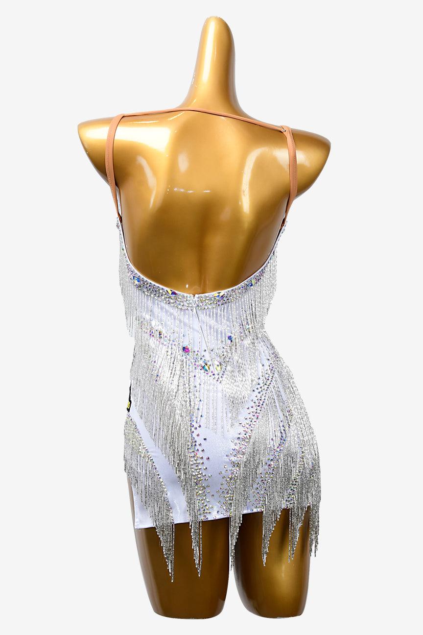 Permino white dot shine lycra Latin dress with beaded fringes, AB crystals & sew-on stones - PerminoDesign