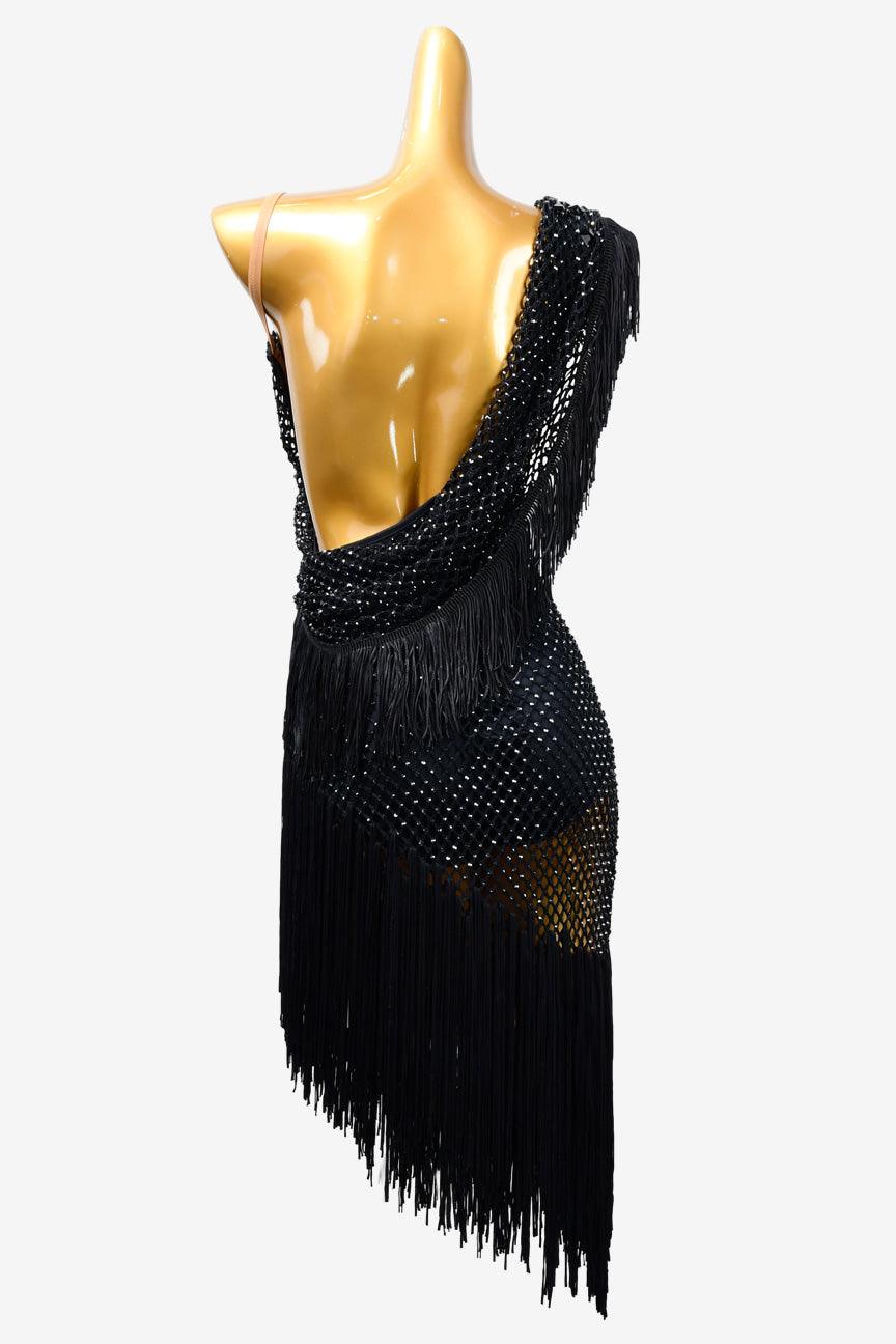 Permino black Latin dress with AB stone, fringe and fishnet - PerminoDesign