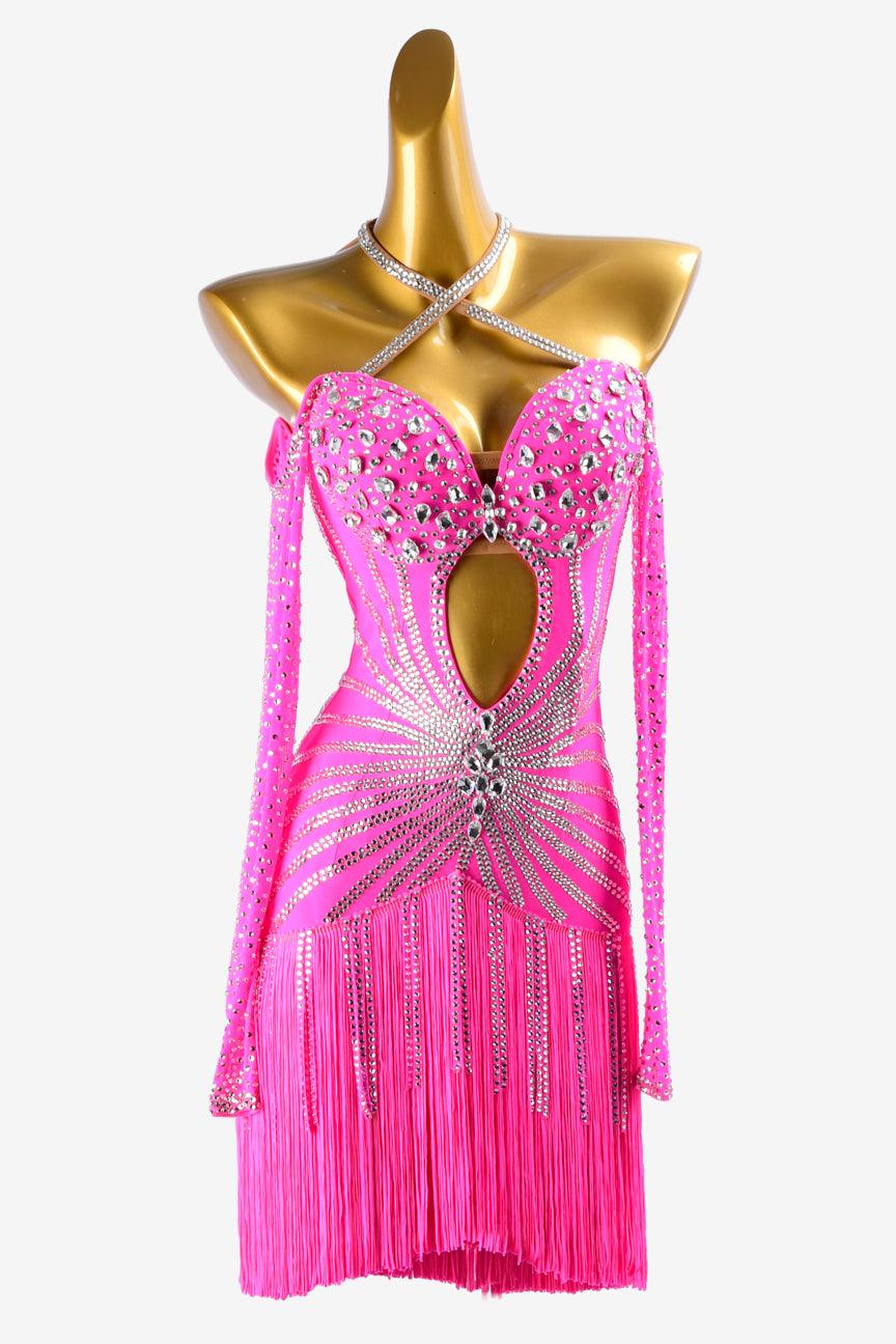 Permino light pink lycra Latin dress with stone fringes, fringes, silver crystals & sew-on stones - PerminoDesign