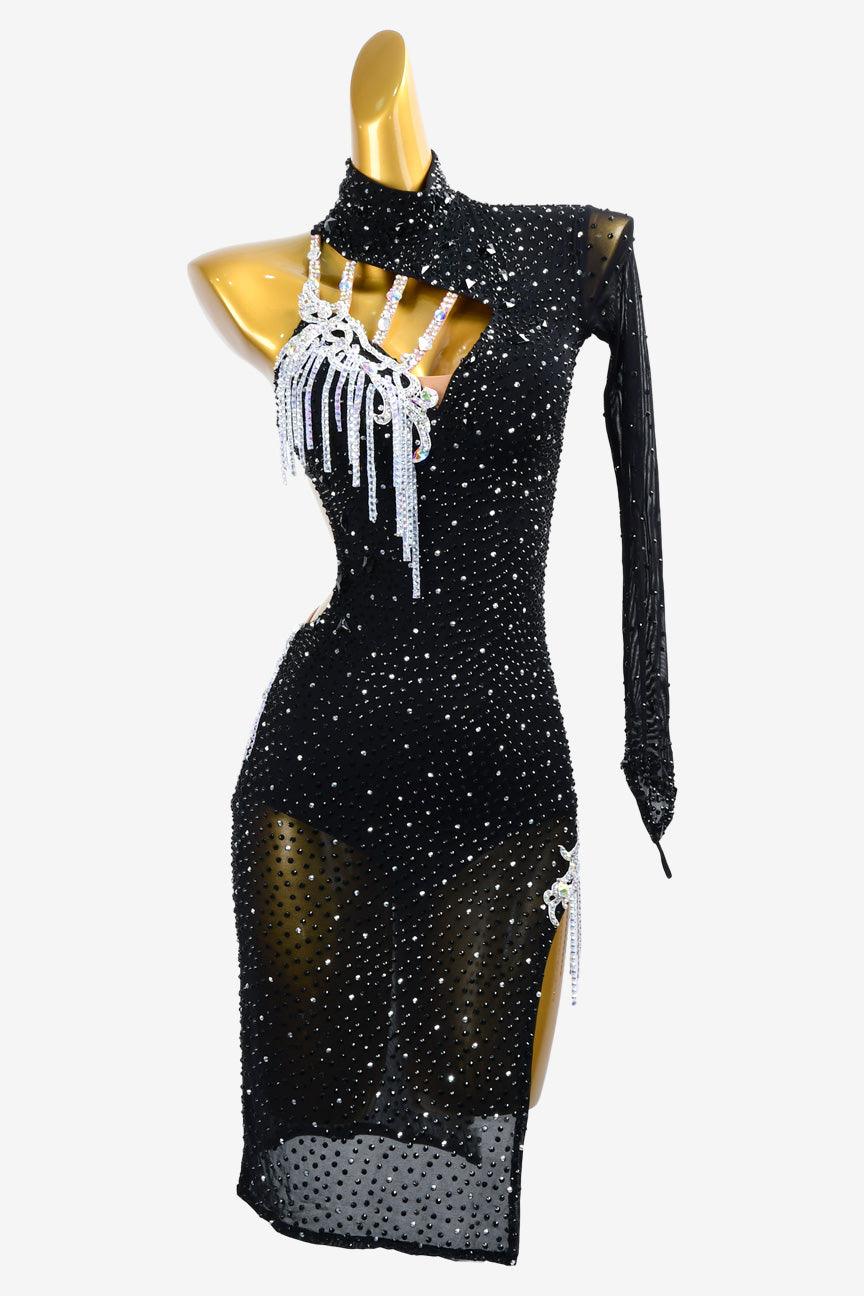 Permino black Latin dress with crystal AB a and stone fringes - PerminoDesign