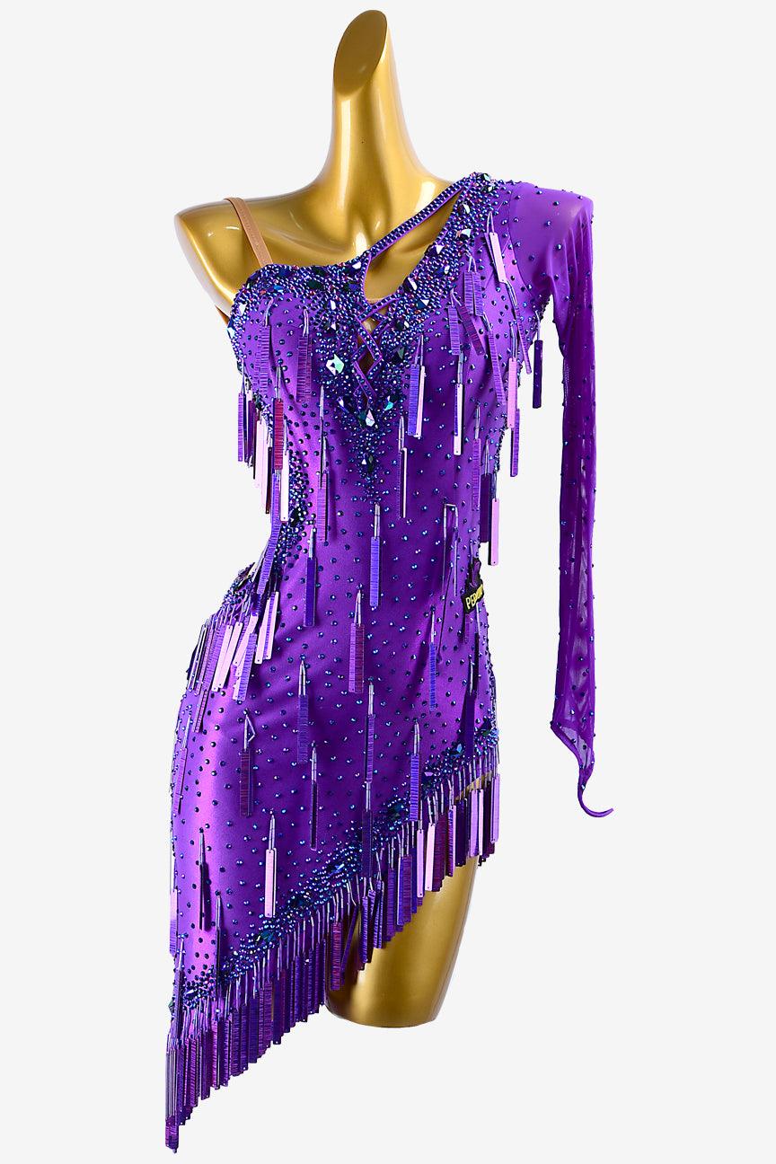 Permino violet lustre lycra Latin dress with mesh sleeve,  sequins, darkblue rhinestones & sew-on stones - PerminoDesign