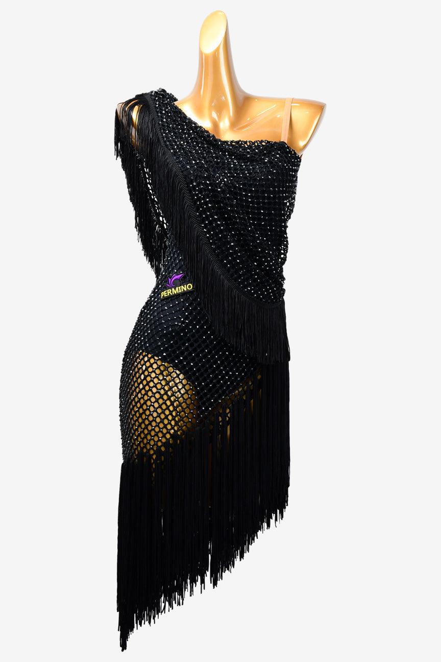 Permino black Latin dress with AB stone, fringe and fishnet - PerminoDesign