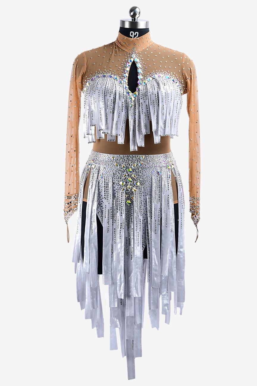 Permino white & metallic lycra Latin dress with fleshtone mesh body, stone fringes & AB crystals - PerminoDesign