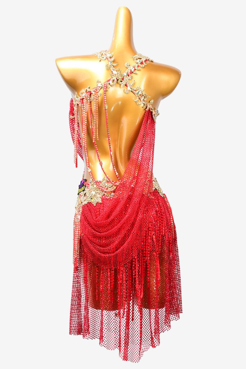 Permino china red Latin dress with stone fringes, fishnet and AB stone - PerminoDesign