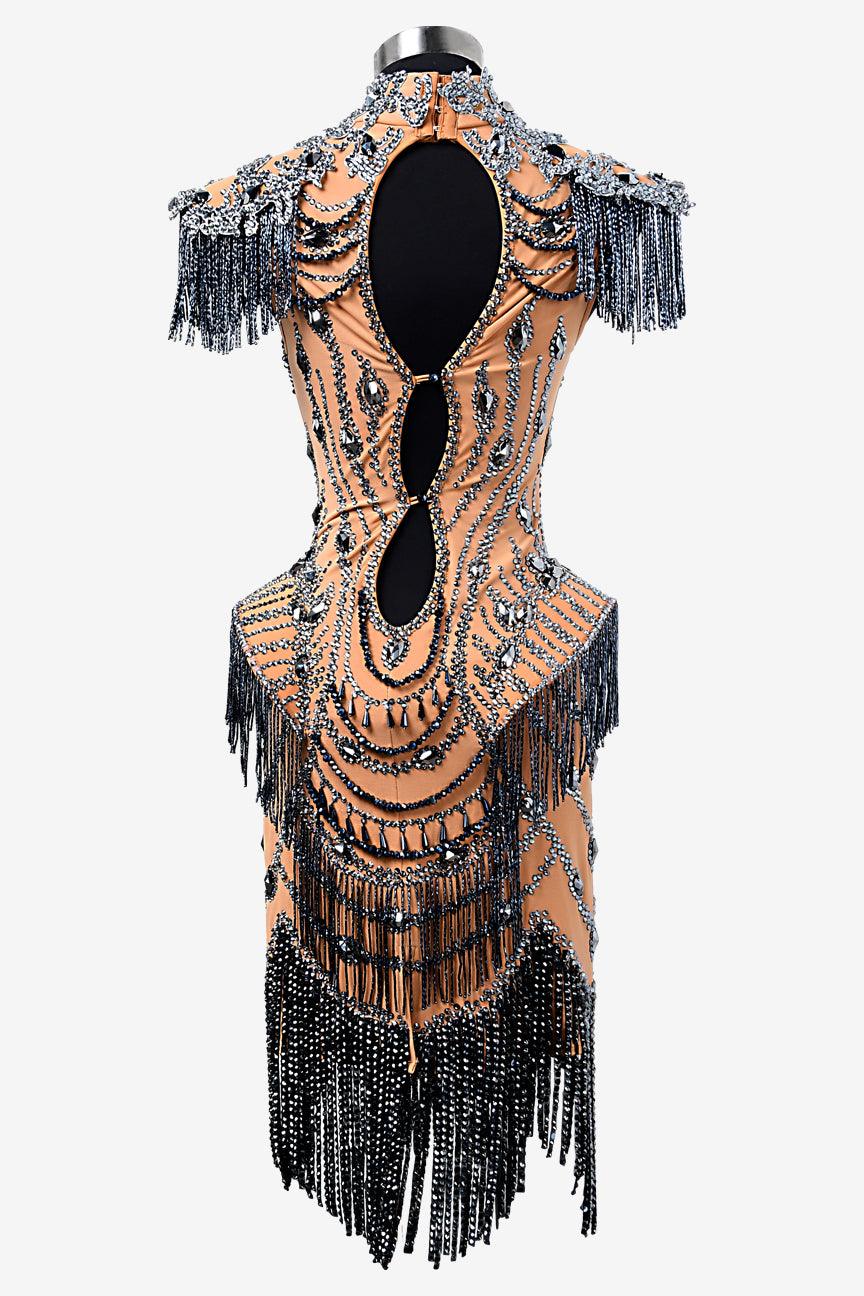 Permino fleshtone matt lycra Latin dress with lace appliqués, beadings, mineral gray crystals & stone fringes - PerminoDesign