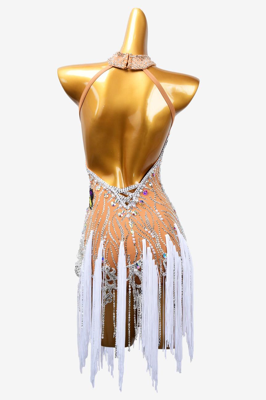 Permino gold enrod Latin dress with tassels, crystal AB and stone fringes - PerminoDesign