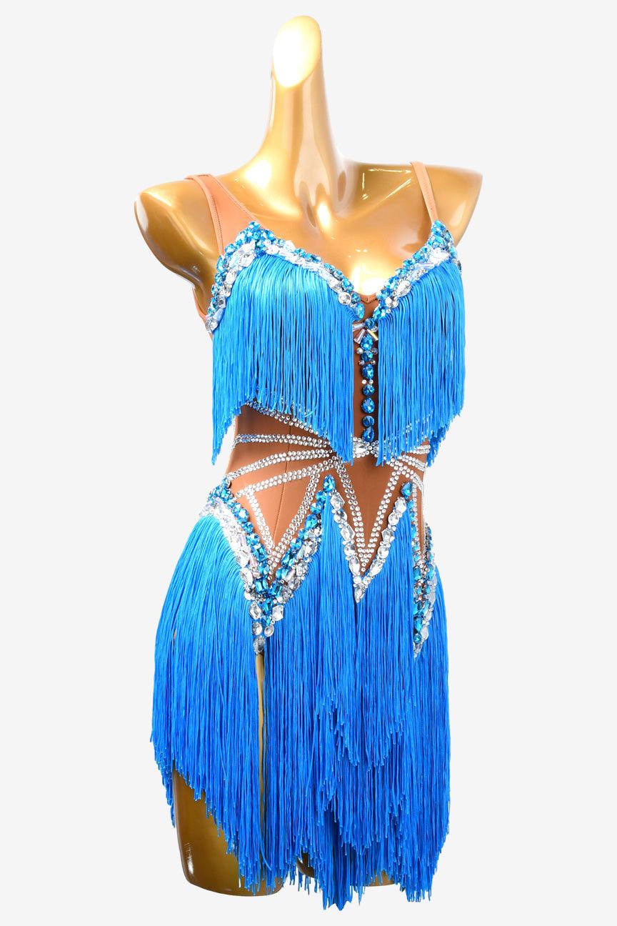 Permino deep sky blue Latin dress with fringe and crystal AB - PerminoDesign