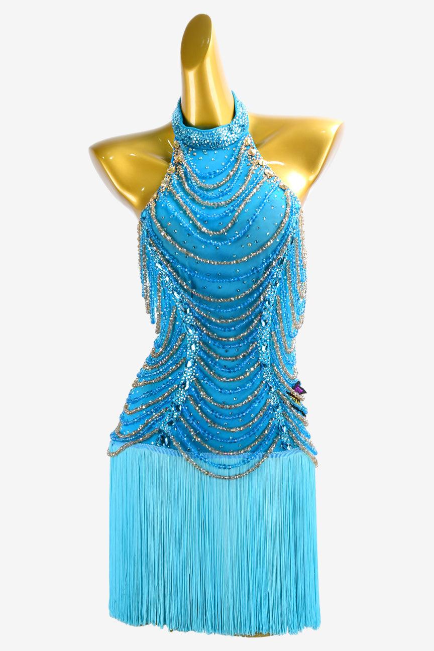 Permino deep sky blue Latin dress with beading, AB stone and fringe - PerminoDesign